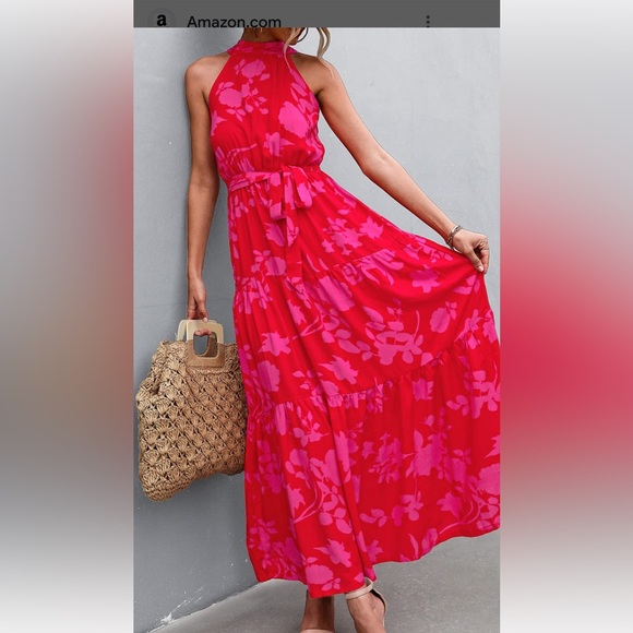 Elegant Red Floral Halter Dress - Picture 1 of 7